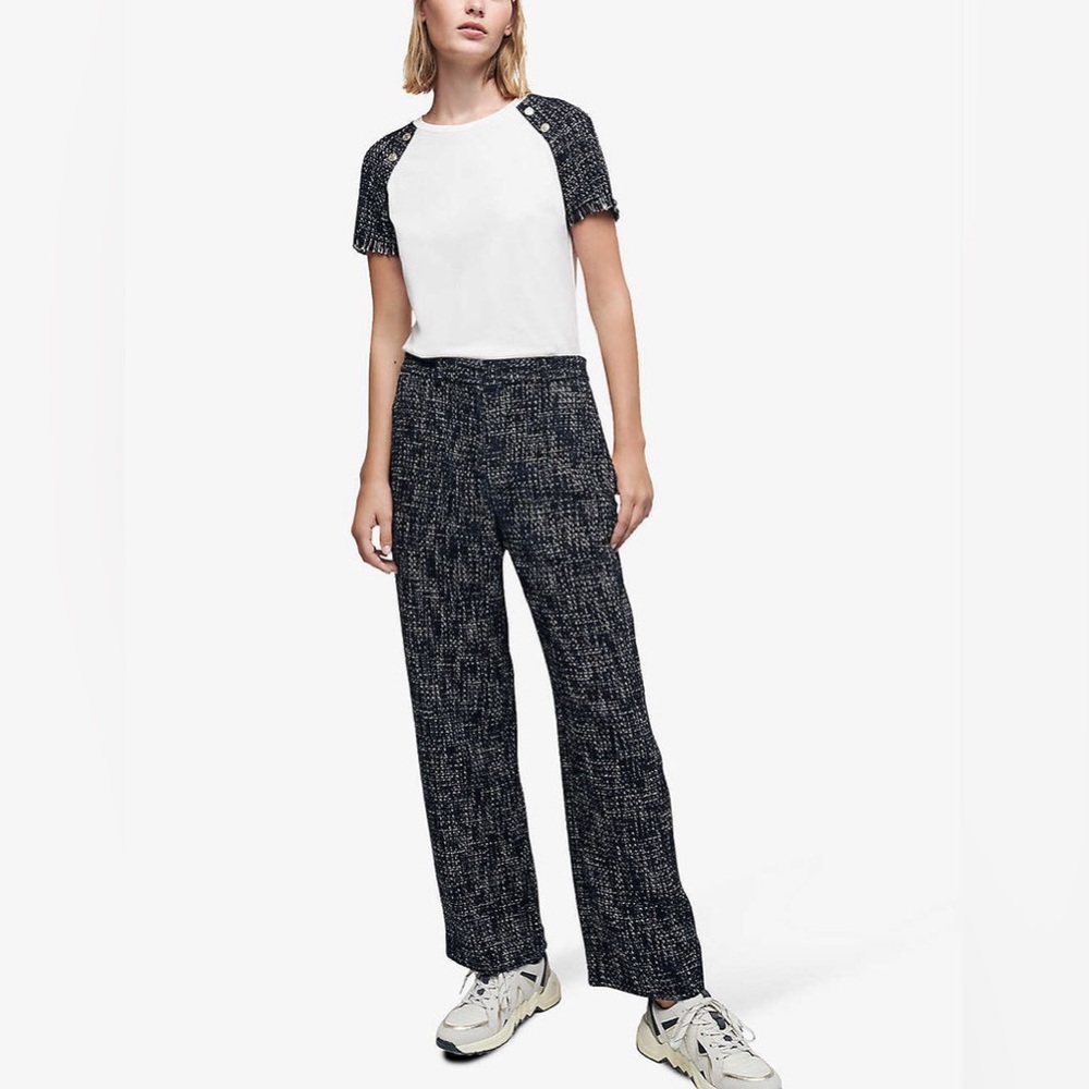 Maje Tiacome Tweed-Trim Semi-Sheer Woven T-Shirt